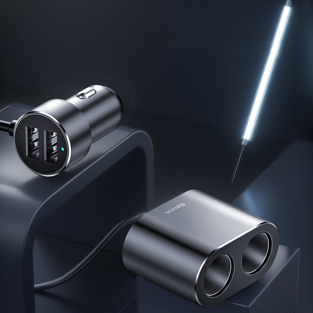 Vysoce účinná nabíječka do auta Baseus, 95 W, 2,1 A, 2 x prodlužovací konektor do zapalovače - 2 x USB-A, šedá CRDYQ-01 CRDYQ-01