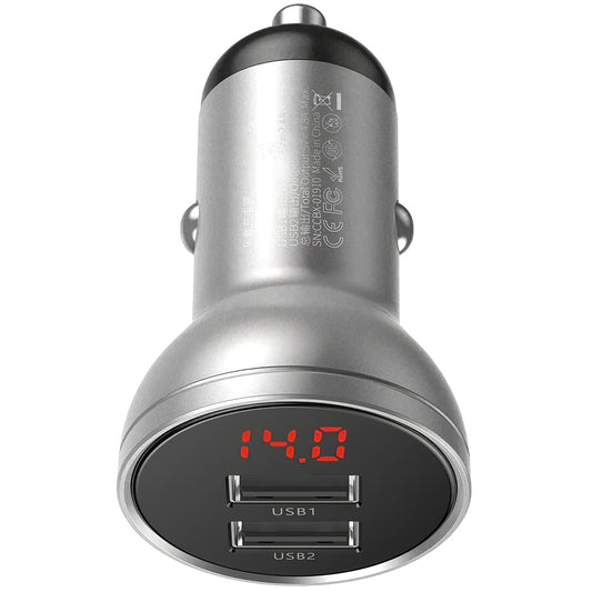 Nabíječka do auta Baseus s digitálním displejem, 24 W, 2,4 A, 2 x USB-A, stříbrná CCBX-0S