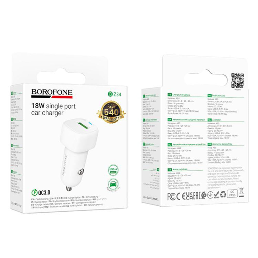 Auto nabíječka Borofone BZ34 Cloud, 18W, 3A, 1 x USB-A, Bílá