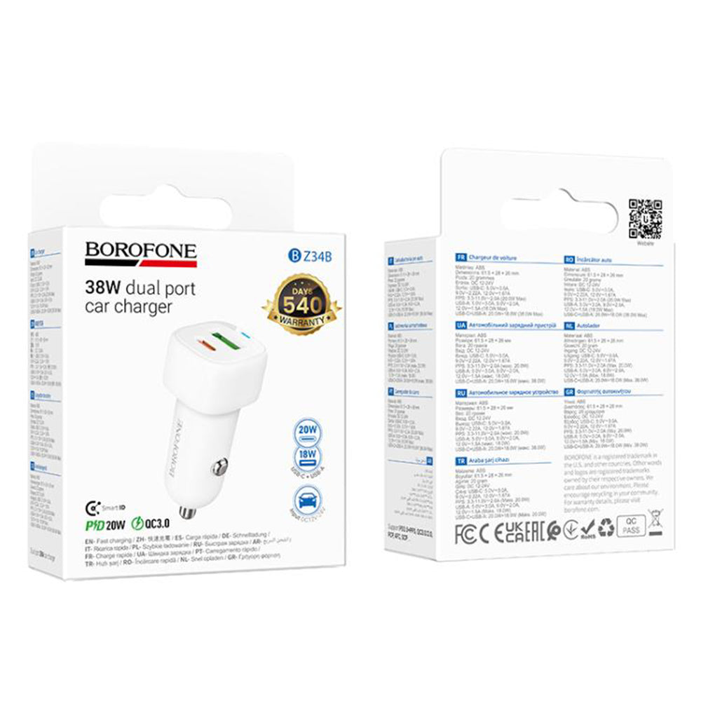 Auto nabíječka Borofone BZ34B Cloud, 20W, 3A, 1 x USB-A - 1 x USB-C, Bílá