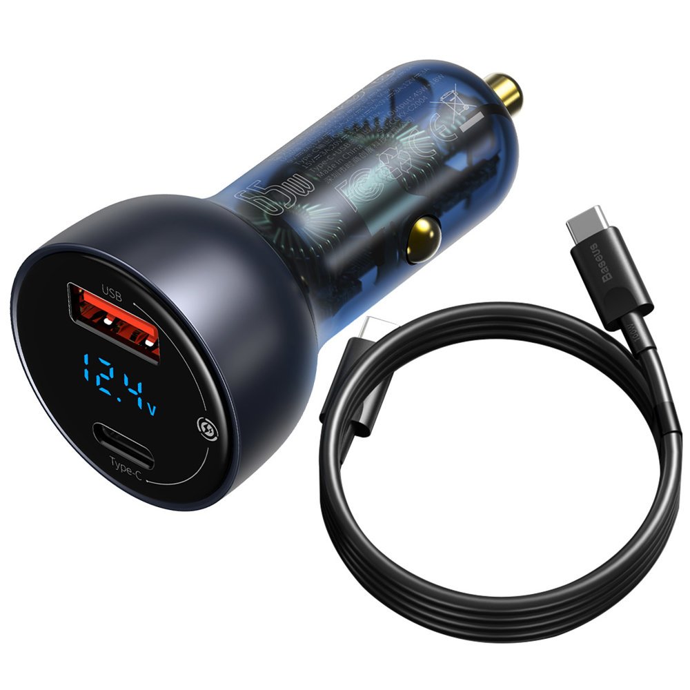 Auto nabíječka s kabelem USB-C Baseus Digital Display, 65W, 5A, 1 x USB-A - 1 x USB-C, černá TZCCKX-0G