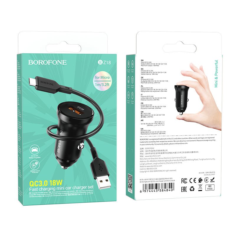 Auto nabíječka s microUSB kabelem Borofone BZ18, 18W, 3A, 1 x USB-A, Černá