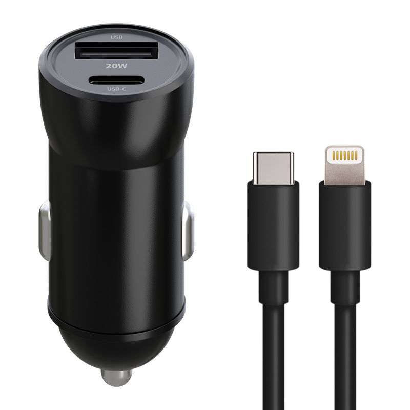 Auto nabíječka s kabelem Lightning MaXlife MXCC-04, 20W, 3A, 1 x USB-A - 1 x USB-C, Černá