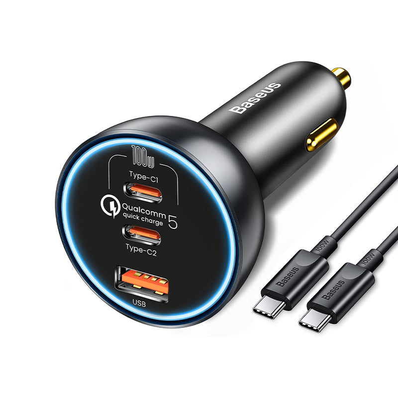 Nabíječka do auta s kabelem USB-C Baseus Qualcomm, 160 W, 3A, 1 x USB-A - 2 x USB-C, šedá TZCCZZM-0G