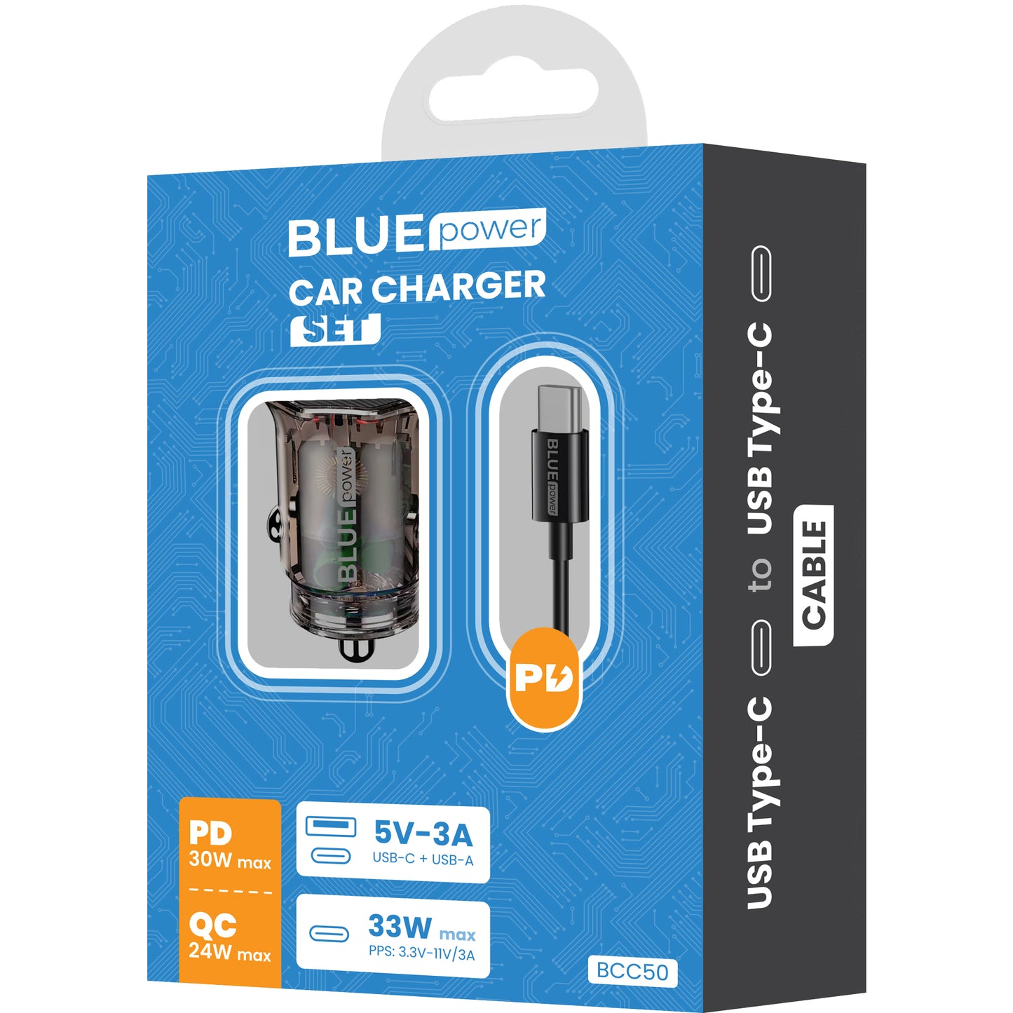 Autonabíječka s kabelem USB-C BLUE Power BCC50, 33W, 3A, 1 x USB-A - 1 x USB-C, Černá