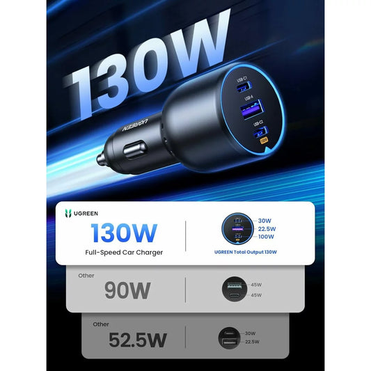 Nabíječka do auta s kabelem USB-C UGREEN CD293, 130 W, 5 A, 1 x USB-A - 2 x USB-C, černá