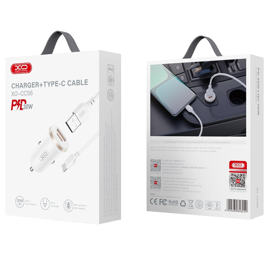 Auto nabíječka s kabelem USB-C XO Design CC56, 30W, 3A, 1 x USB-A - 1 x USB-C, Bílá