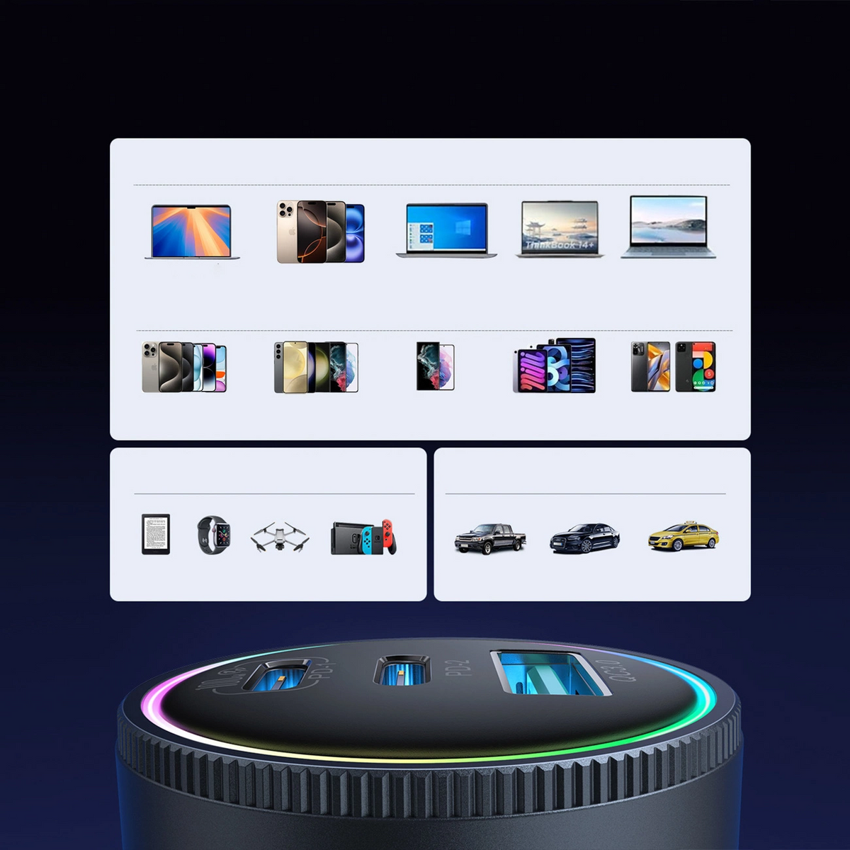 Autonabíječka s kabelem USB-C Joyroom JR-CCN07, 145W, 5A, 1 x USB-A - 2 x USB-C, šedá