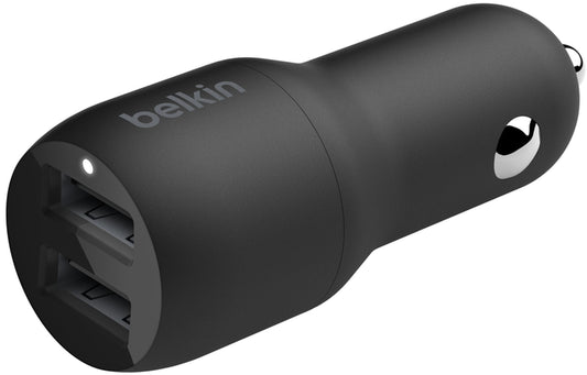 Auto nabíječka s kabelem Lightning Belkin BoostCharge Dual, 24W, 2.4A, 2 x USB-A, černá CCD001bt1MBK