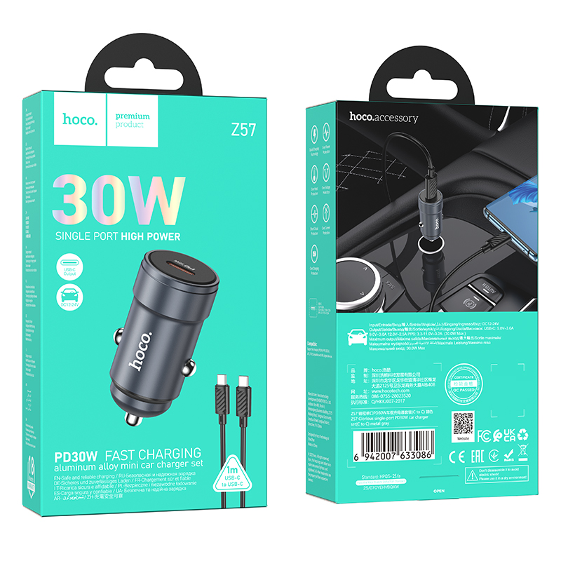 Autonabíječka s kabelem USB-C HOCO Z57, 30W, 3A, 1 x USB-C, šedá