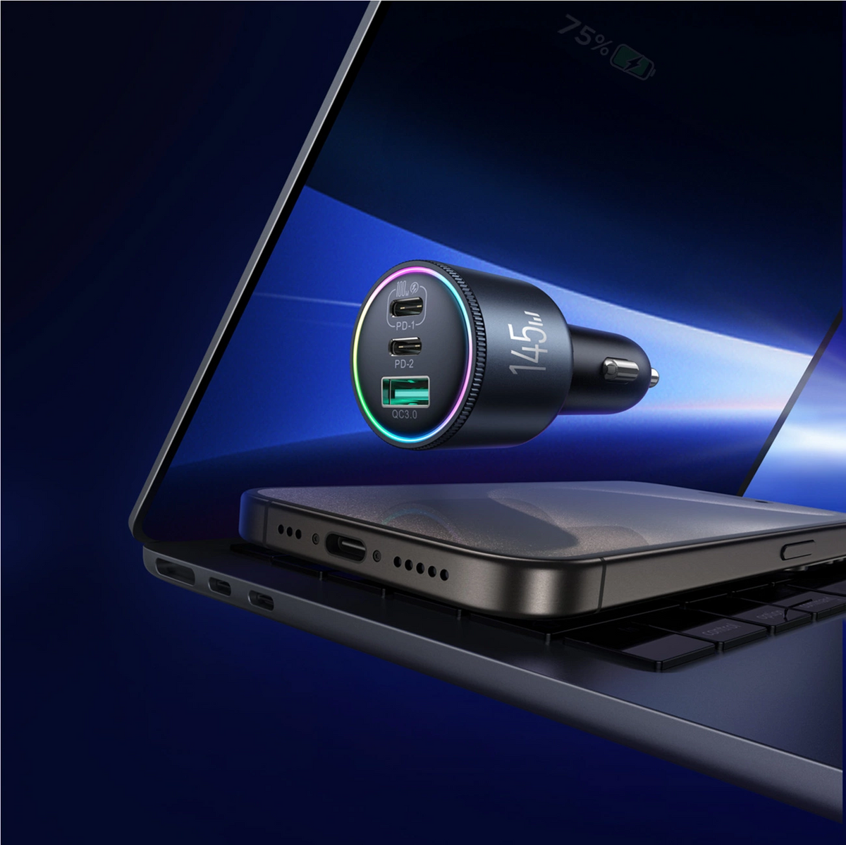 Autonabíječka s kabelem USB-C Joyroom JR-CCN07, 145W, 5A, 1 x USB-A - 2 x USB-C, šedá