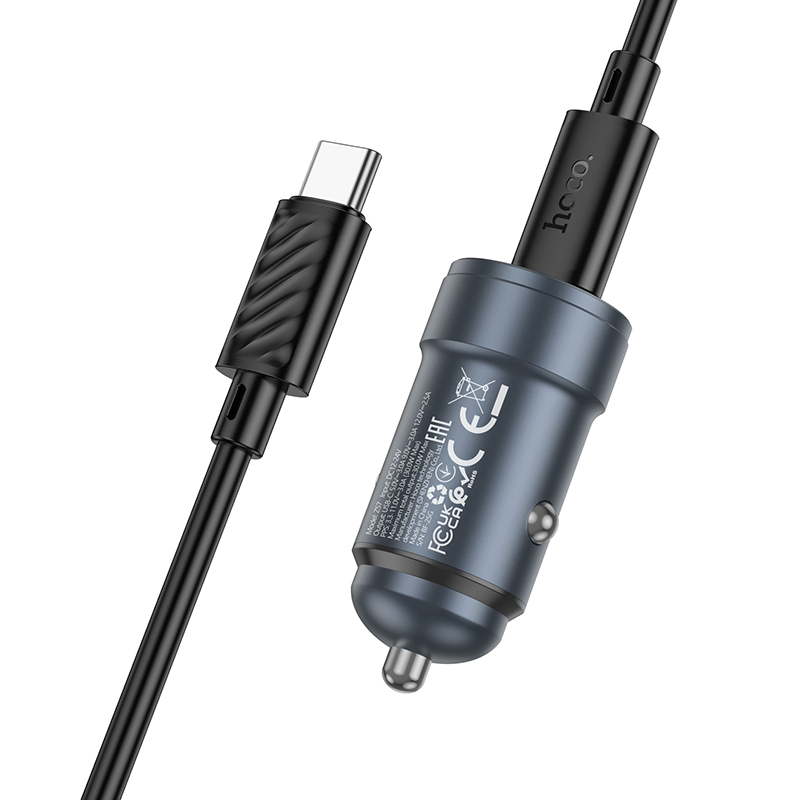Autonabíječka s kabelem USB-C HOCO Z57, 30W, 3A, 1 x USB-C, šedá