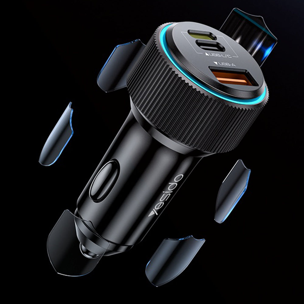 Auto nabíječka s kabelem Lightning Yesido Y60, 38W, 3A, 1 x USB-A - 2 x USB-C, Černá