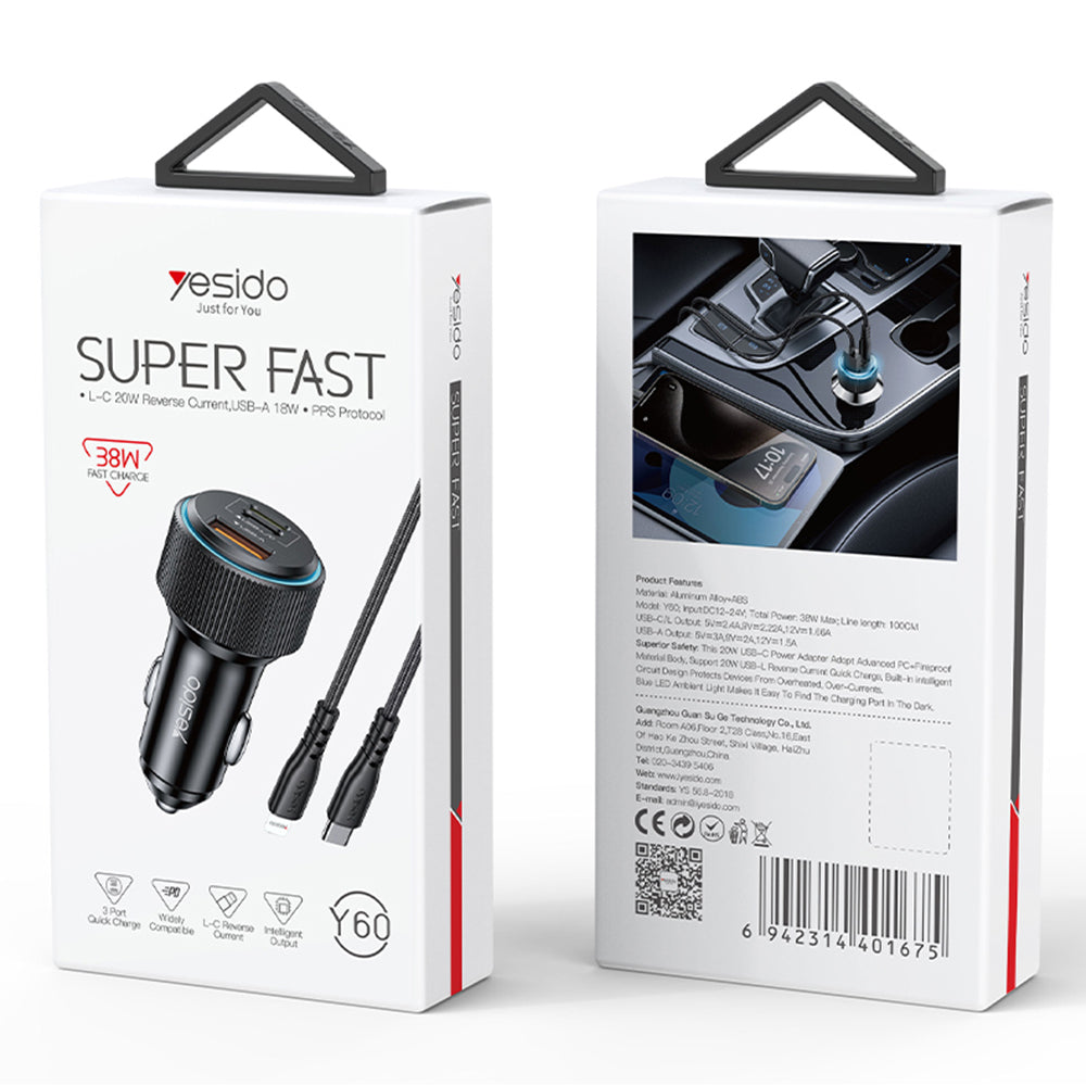 Auto nabíječka s kabelem Lightning Yesido Y60, 38W, 3A, 1 x USB-A - 2 x USB-C, Černá