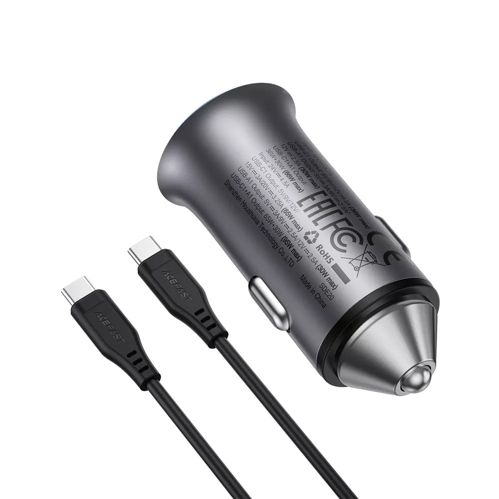 Acefast B16 Car Charger with USB-C Cable, 95W, 3.25A, 1 x USB-A - 1 x USB-C, Gray