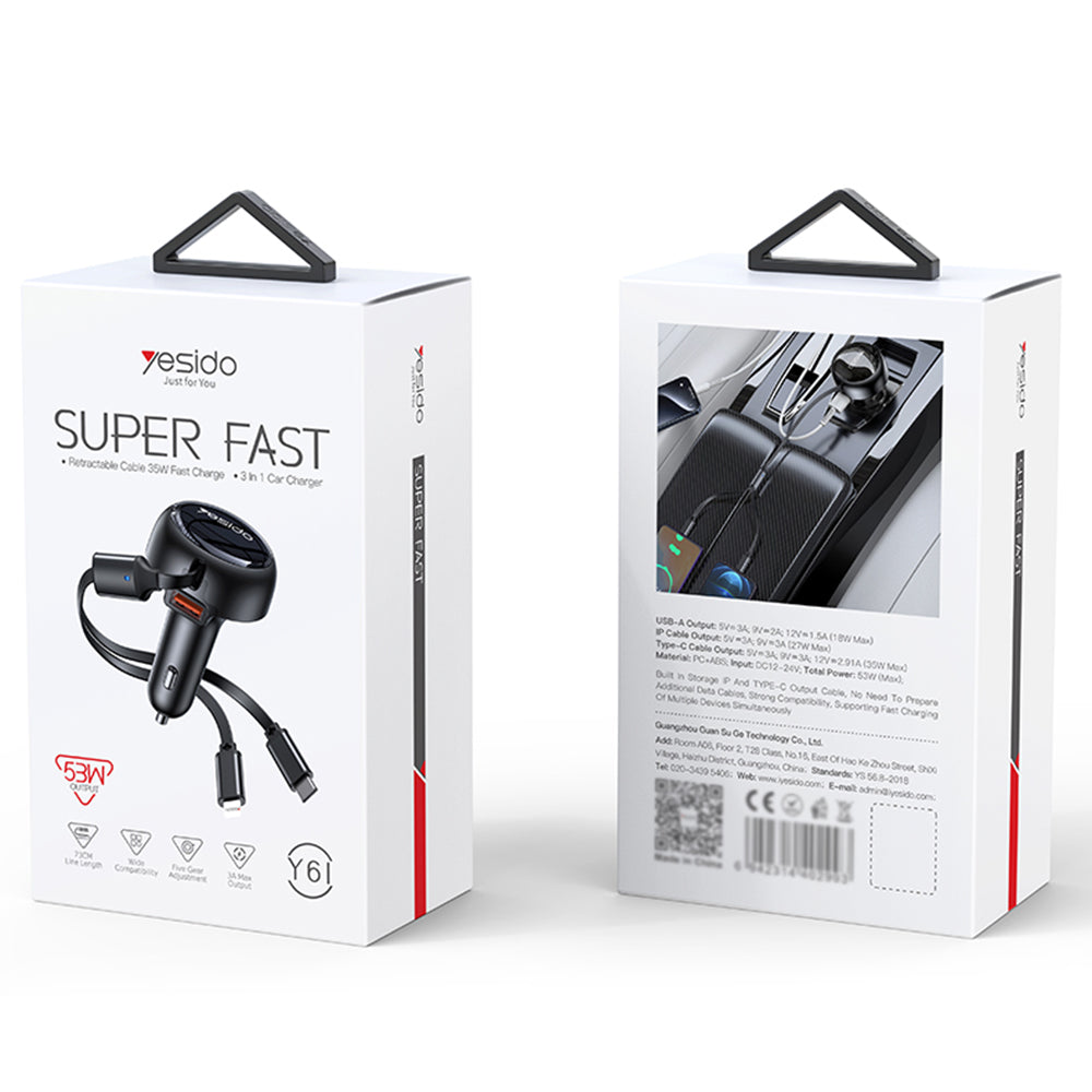 Auto nabíječka s kabelem USB-C / Lightning Yesido Y61, 53W, 3A, 1 x USB-A, Černá