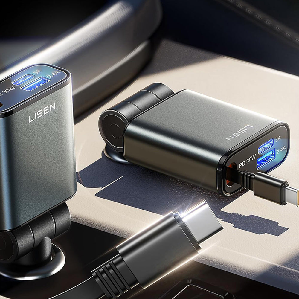 Auto nabíječka s USB-C kabelem Lisen, 57W, 3A, 1 x USB-A - 1 x USB-C, Černá YL0325010016