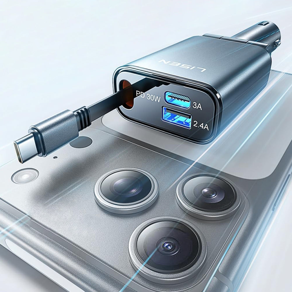 Auto nabíječka s USB-C kabelem Lisen, 57W, 3A, 1 x USB-A - 1 x USB-C, Černá YL0325010016