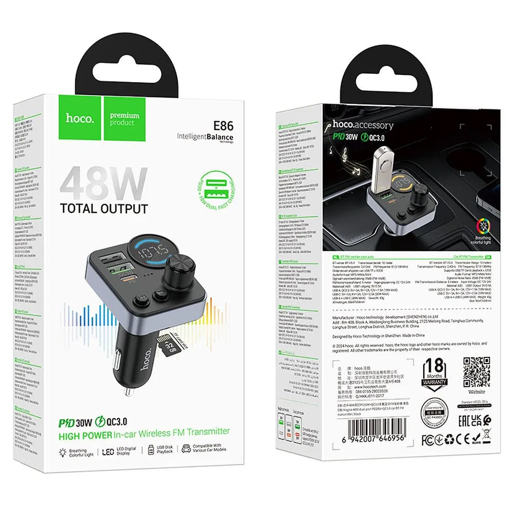 FM modulátor Bluetooth HOCO E86, 2 x USB-A - 1 x USB-C - 1 x microSD