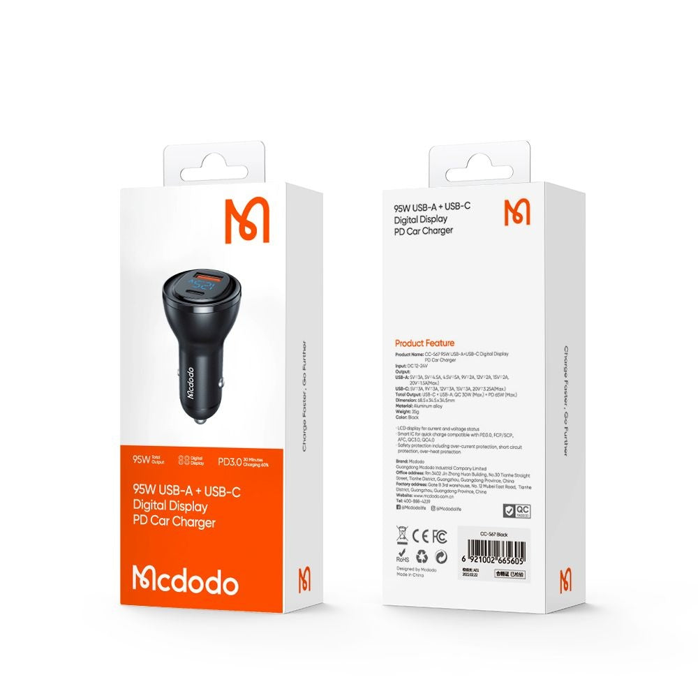 Auto nabíječka McDodo CC-5670 Display, 95W, 5A, 1 x USB-A - 1 x USB-C, Černá