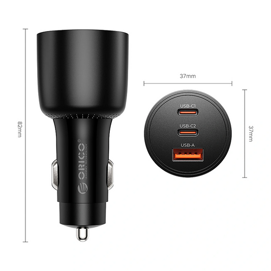 Auto nabíječka Orico PowerLink, 165W, 5A, 1 x USB-A - 2 x USB-C, Černá