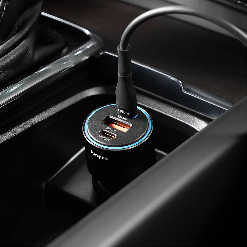 Auto nabíječka Ringke, 30W, 3A, 1 x USB-A - 2 x USB-C, Černá
