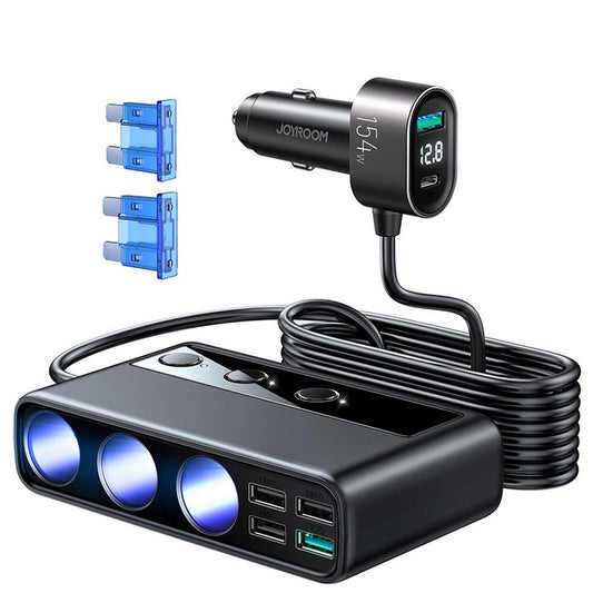 Nabíječka do auta Joyroom JR-CL06, 154W, 3A, 1 x USB-C - 4 x prodlužovací kabel do zapalovače - 4 x USB-A, černá JYR058BLK JYR058BLK
