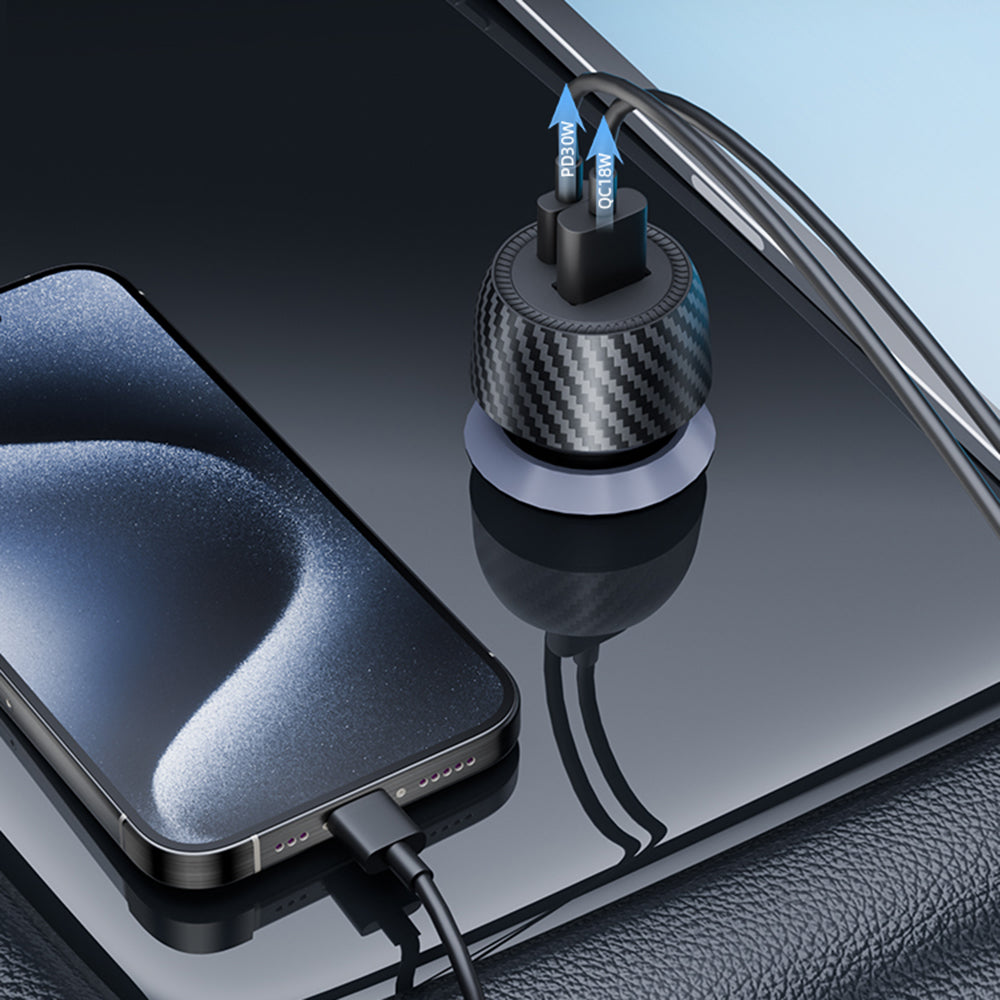 Auto nabíječka Techsuit C7 CarbonVolt, 48W, 3A, 1 x USB-A - 1 x USB-C, Černá