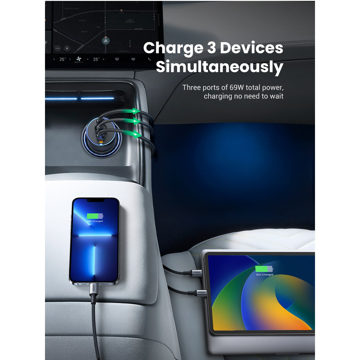 Autonabíječka UGREEN EC703, 75W, 3.25A, 1 x USB-A - 2 x USB-C, Černá
