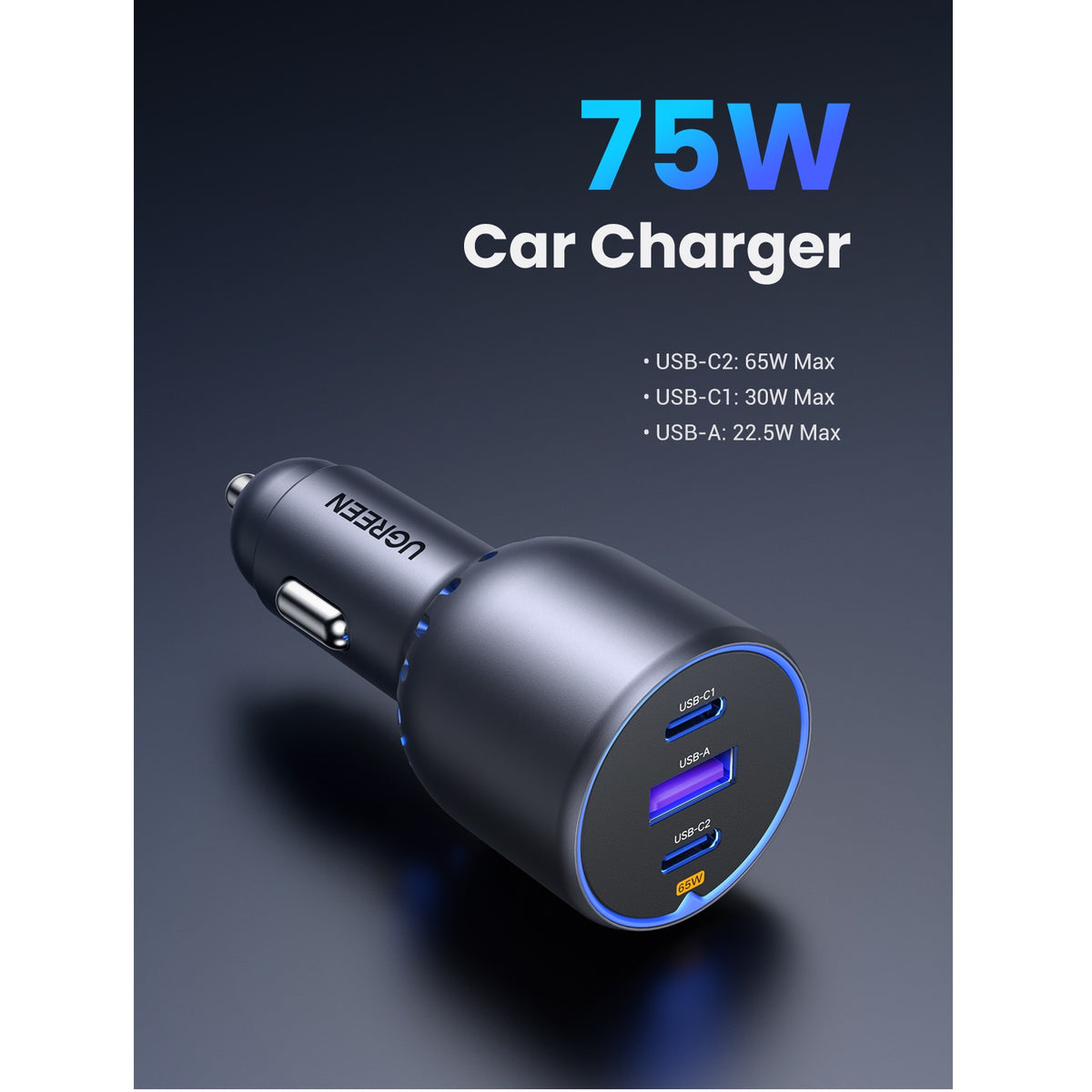 Autonabíječka UGREEN EC703, 75W, 3.25A, 1 x USB-A - 2 x USB-C, Černá