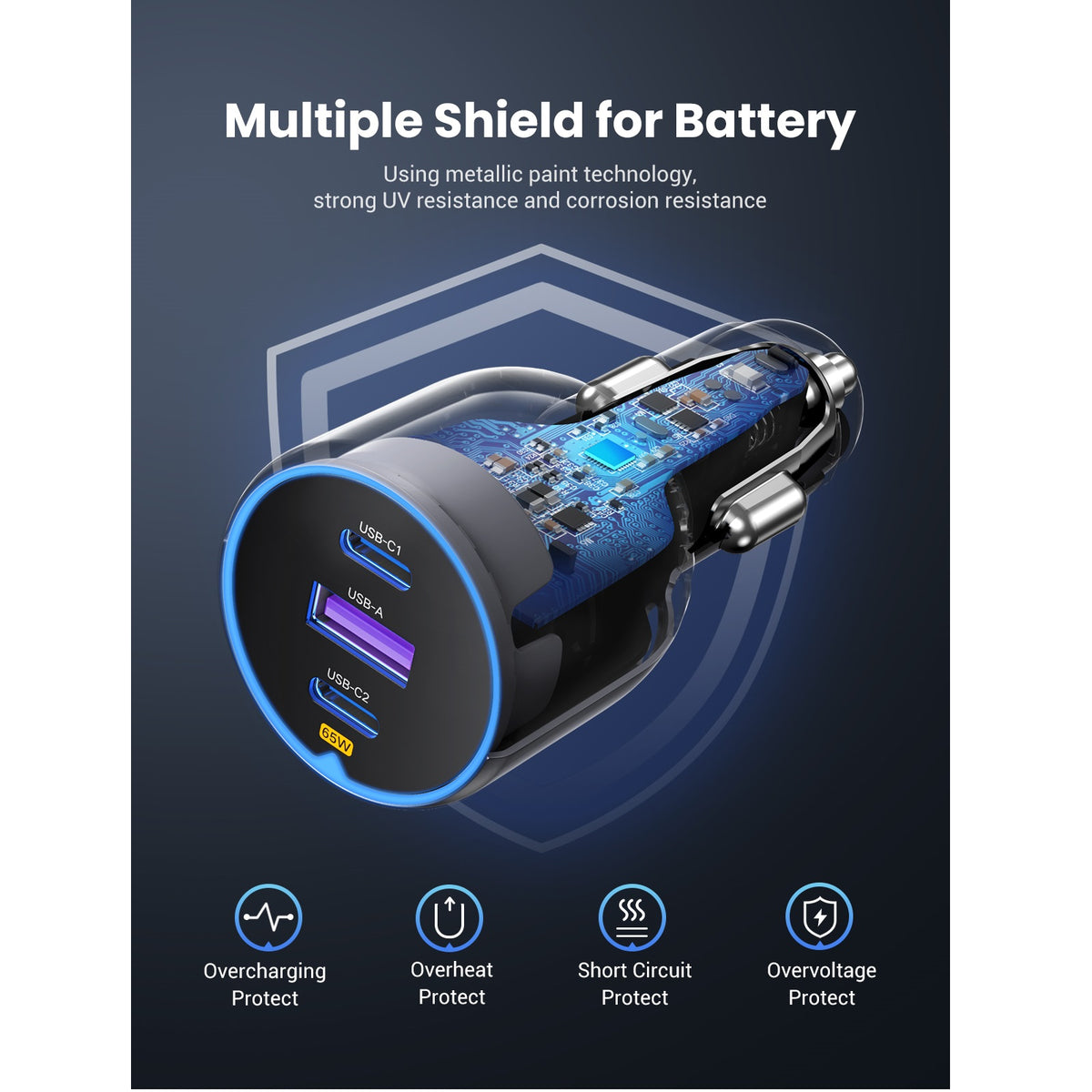 Autonabíječka UGREEN EC703, 75W, 3.25A, 1 x USB-A - 2 x USB-C, Černá