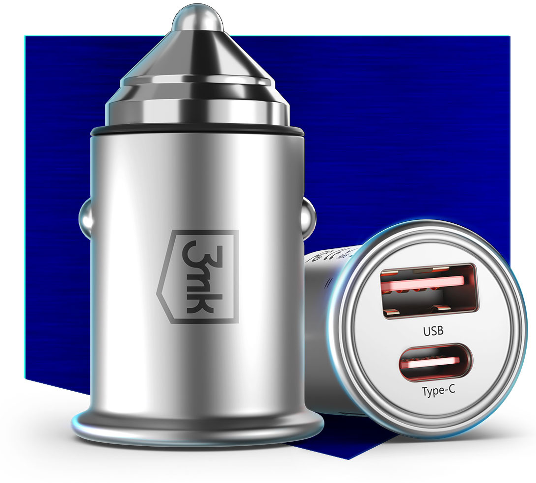 Nabíječka do auta 3MK HyperCharger, 30W, 5A, 1 x USB-A - 1 x USB-C, stříbrná
