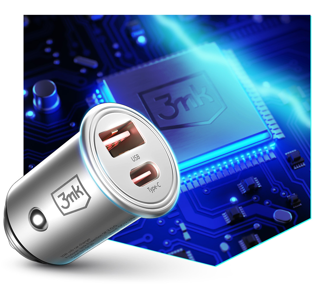 Nabíječka do auta 3MK HyperCharger, 30W, 5A, 1 x USB-A - 1 x USB-C, stříbrná