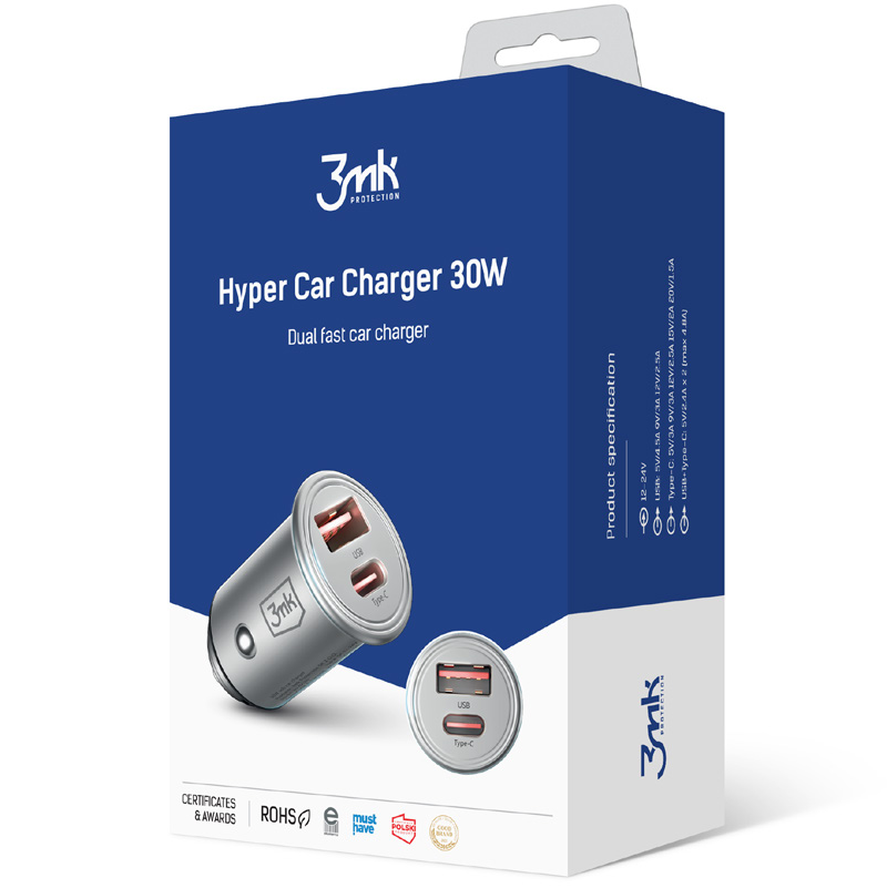 Nabíječka do auta 3MK HyperCharger, 30W, 5A, 1 x USB-A - 1 x USB-C, stříbrná