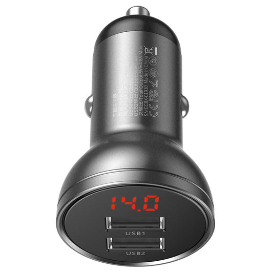 Baseus nabíječka do auta s digitálním displejem, 24 W, 2,4 A, 2 x USB-A, šedá CCBX-0G