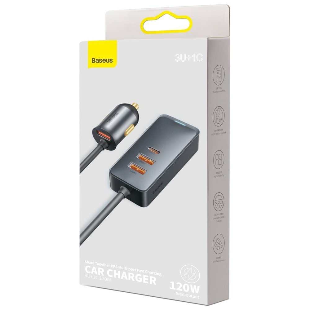 Auto nabíječka Baseus Share Together, 120W, 3A, 3 x USB-A - 1 x USB-C, Šedá CCBT-B0G