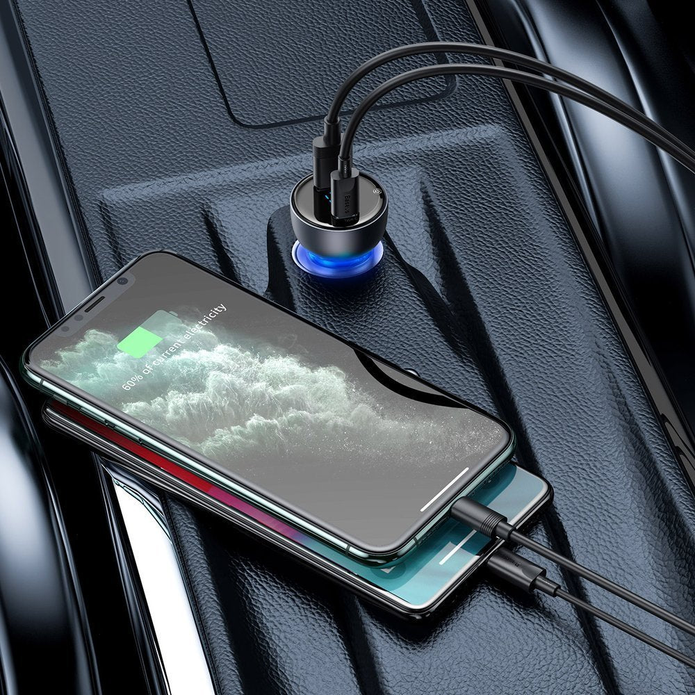 Auto nabíječka Baseus, 65W, 5A, 1 x USB-A - 1 x USB-C, Šedá CCKX-C0A