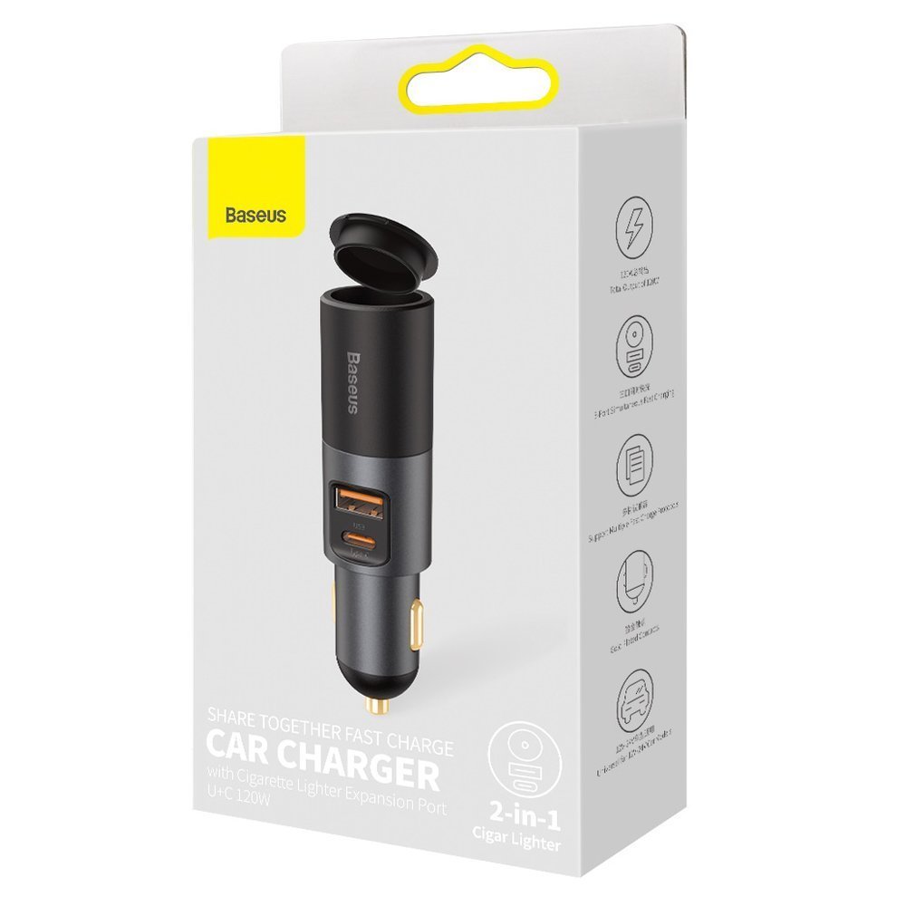 Auto nabíječka Baseus Share Together, 120W, 3A, 1 x USB-A - 1 x USB-C - 1 x prodloužení zapalovače, šedá CCBT-C0G