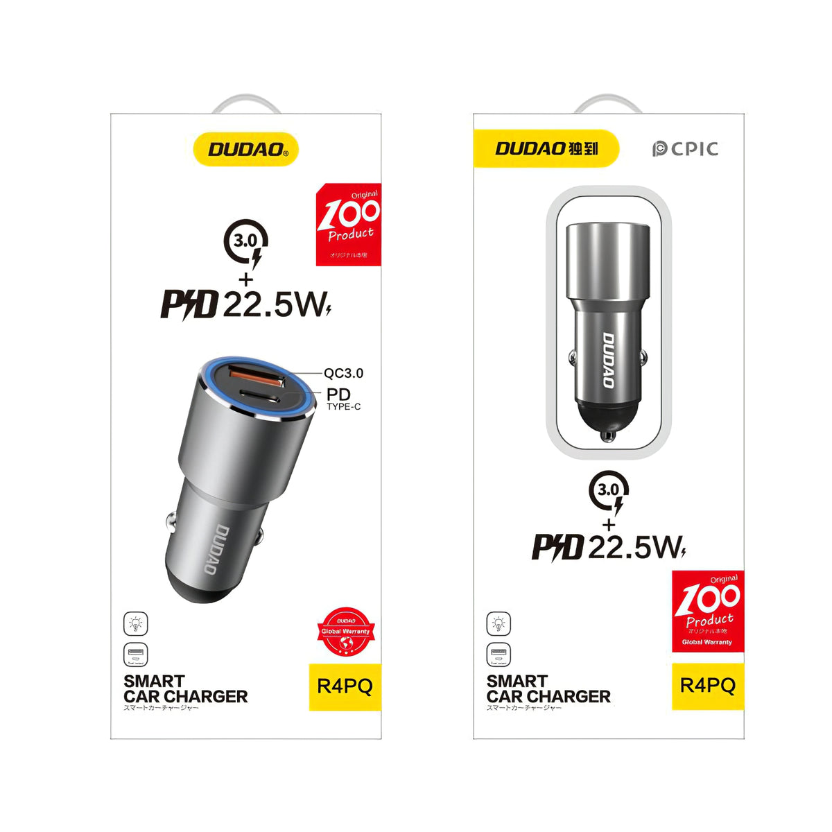 USB auto nabíječka Dudao R4PQ, 1 x USB - 1 x USB Typ-C, 22,5 W, Quick Charge - Power Delivery, šedá