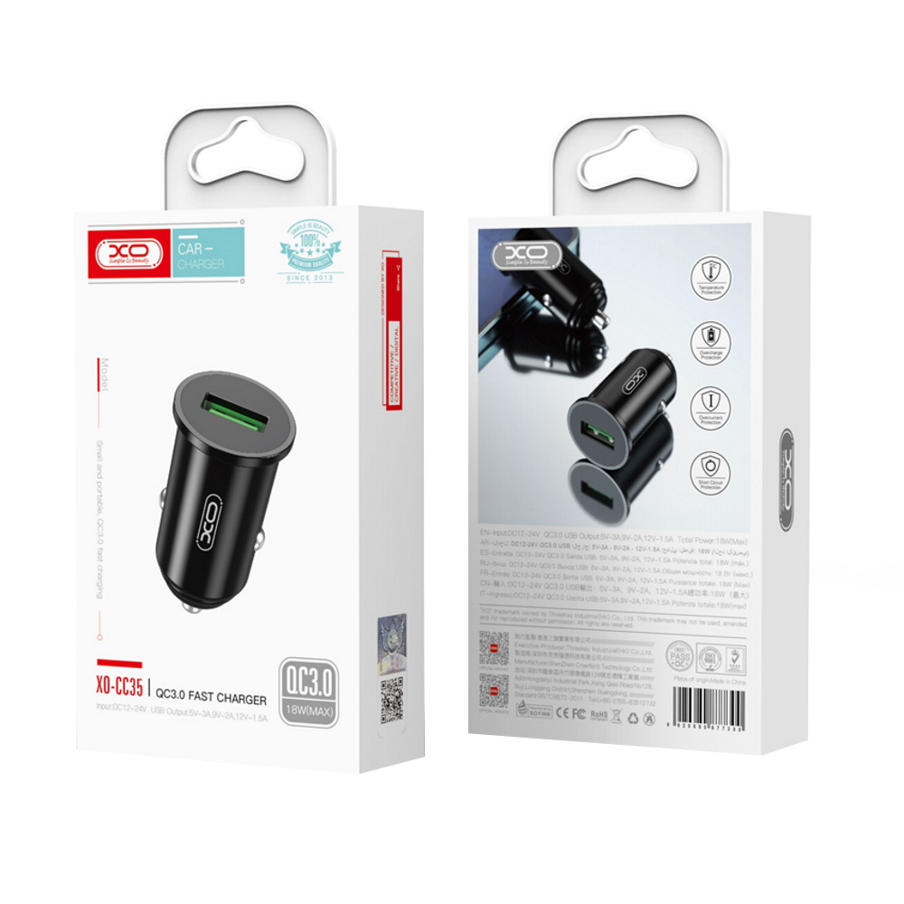 Auto nabíječka XO Design CC35, 18W, 3A, 1 x USB-A, Černá