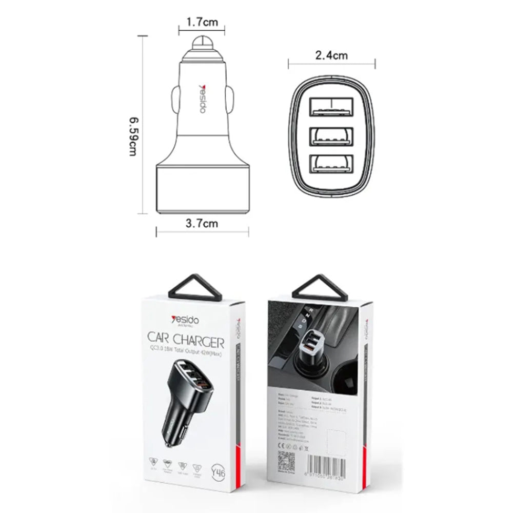Auto nabíječka Yesido Y46, 42W, 3A, 3 x USB-A, Černá