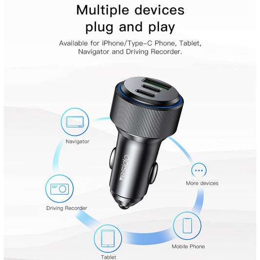 Yesido Y50 Car Charger, 60W, 3A, 1 x USB-A - 2 x USB-C, Black