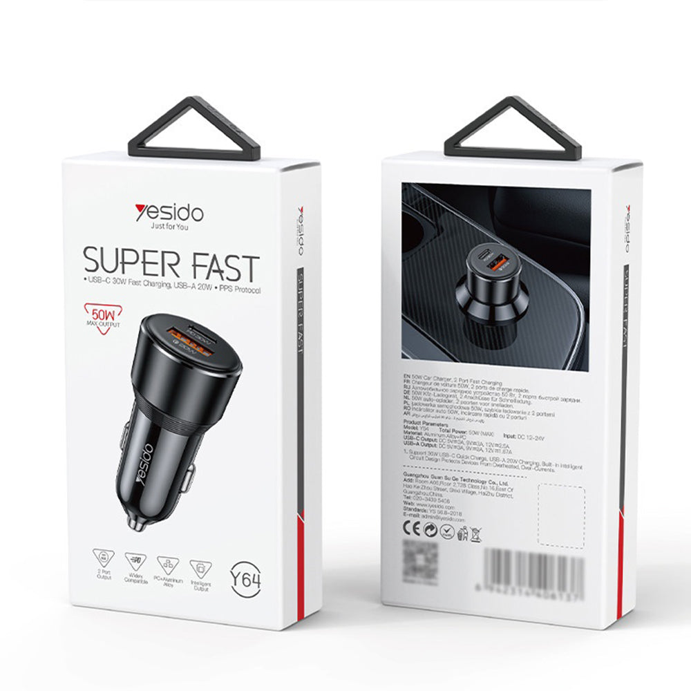 Auto nabíječka Yesido Y64, 50W, 3A, 1 x USB-A - 1 x USB-C, Černá