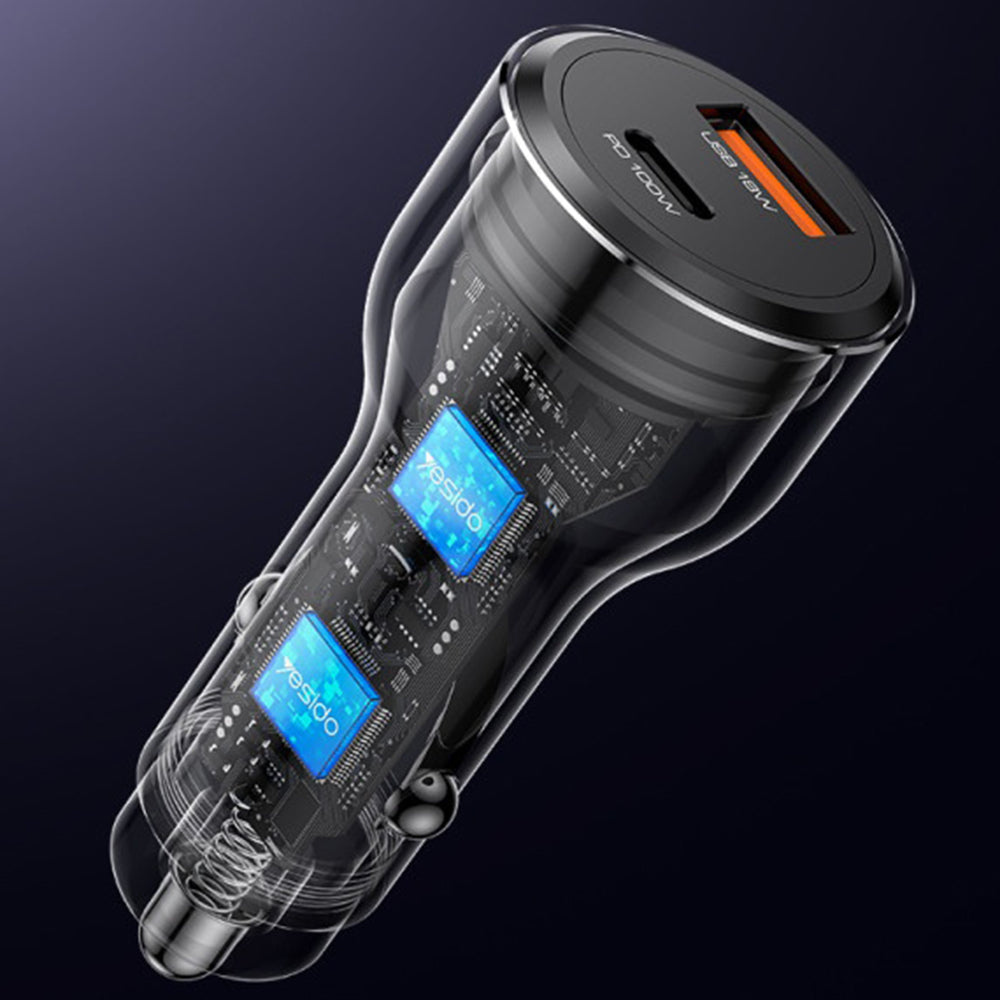 Auto nabíječka Yesido Y65, 100W, 5A, 1 x USB-A - 1 x USB-C, Černá