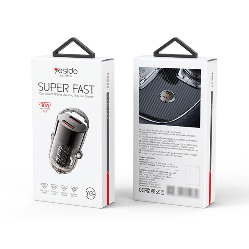 Yesido Y69 Car Charger, 30W, 3A, 2 x USB-C, Black