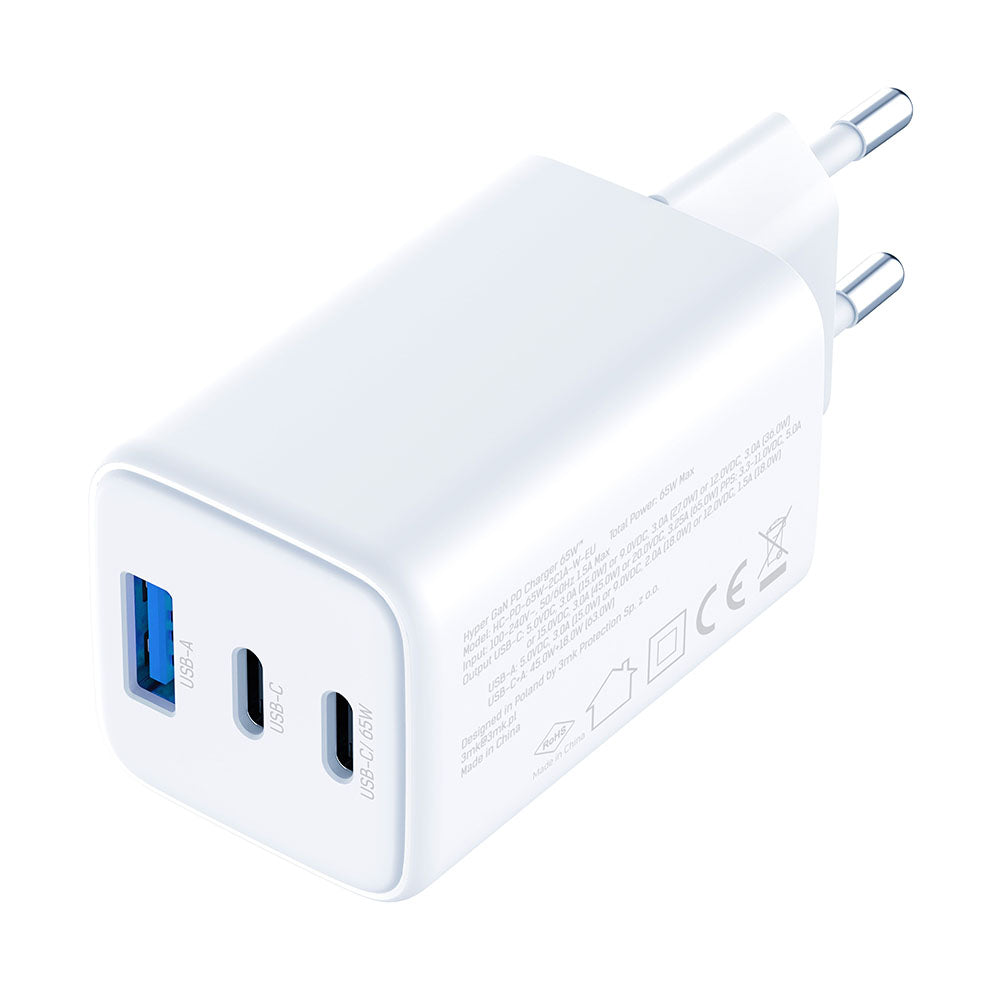 Síťová nabíječka 3MK Hyper, 65W, 3.25A, 1 x USB-A - 2 x USB-C, Bílá