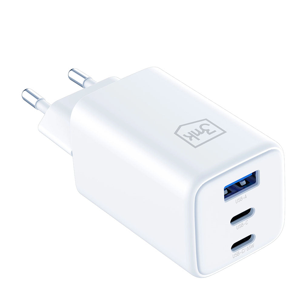 Síťová nabíječka 3MK Hyper, 65W, 3.25A, 1 x USB-A - 2 x USB-C, Bílá
