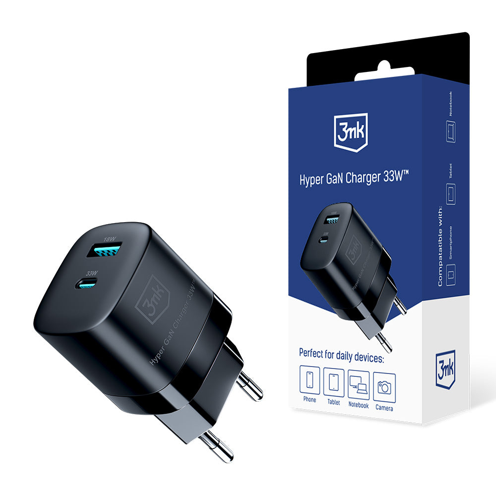 Network Charger 3MK HyperCharger GaN, 33W, 3A, 1 x USB-A - 1 x USB-C, Black