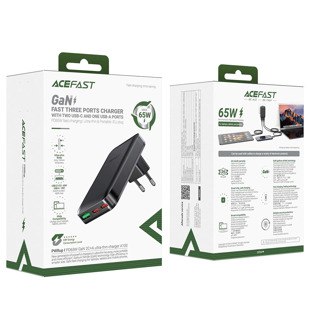 Síťová nabíječka Acefast A100, 65W, 3.25A, 1 x USB-A - 2 x USB-C, Černá