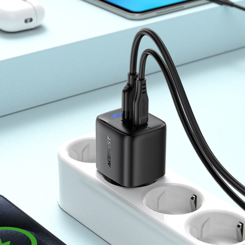 Síťová nabíječka Acefast A114 Display, 25W, 3A, 1 x USB-A - 1 x USB-C, černá